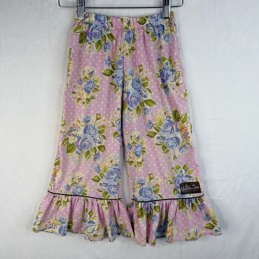 Matilda Jane Girls pants Pink Yellow Maple Sugar Big‎ Ruffles Good Hart Pants 6